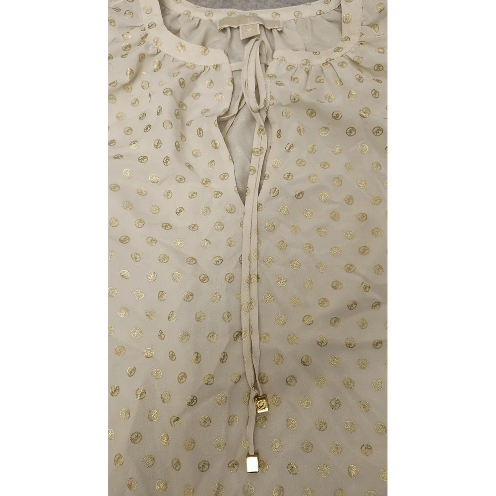 Michael Kors Shirt Womens Medium  Gold Logo Cold Shoulder Tie Neck Foil‎